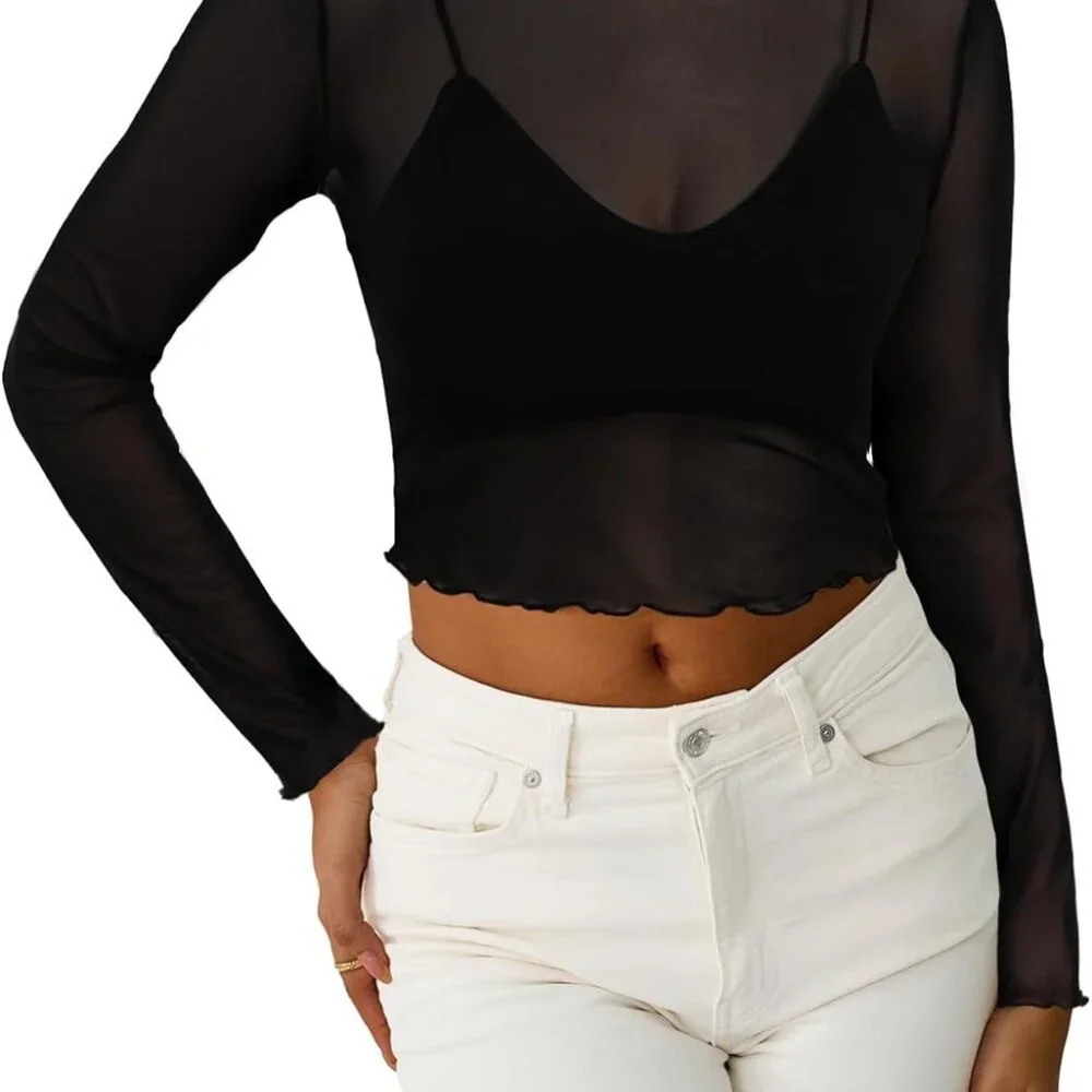 Sophisticated Long Sleeve Sheer Mesh Crop Top with Polka Dots - XL
